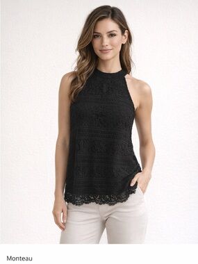 Monteau Women’s Black Lace Tank Top High Neck Sleeveless Elegant Blouse